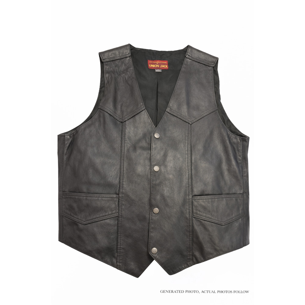 Yukon Jack Genuine Leather Vest Snap Front Biker Western Moto Pockets Black 4XL
